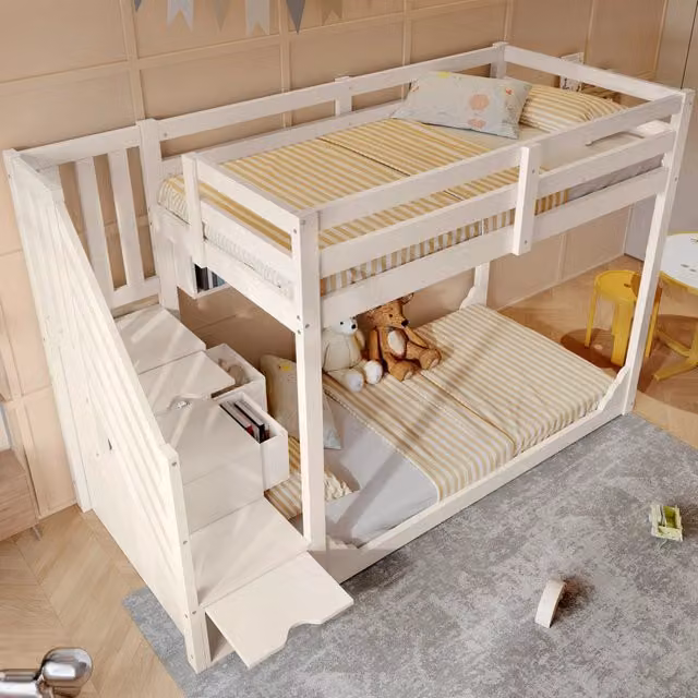 Letto a castello 90 × 200 cm 2 posti con scala contenitore, cassetti e mensole, senza materasso, bianco