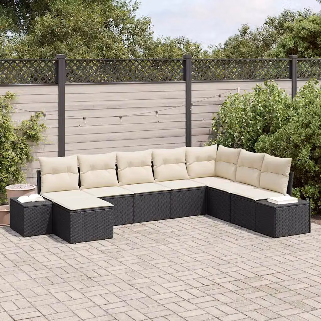Set Divano da Giardino a L vidaXL in Polyrattan Nero con Cuscini e Ottoman, 8 Pezzi – 1