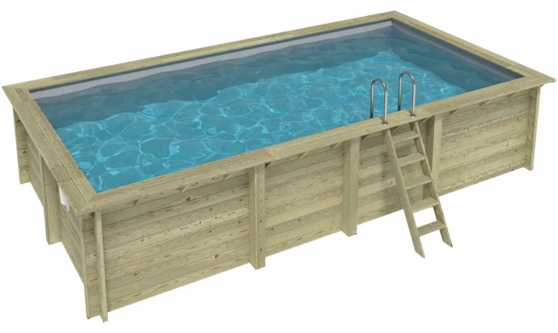 Piscina in legno AQUA 7 x 3.75 - H.1.45 m, grigio, con supporti fissati al calcestruzzo