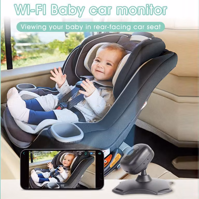 Monitor WiFi per neonati, telecamera wireless per seggiolino rivolto all'indietro, rotazione a 360°, visione notturna, specchio alimentato tramite USB