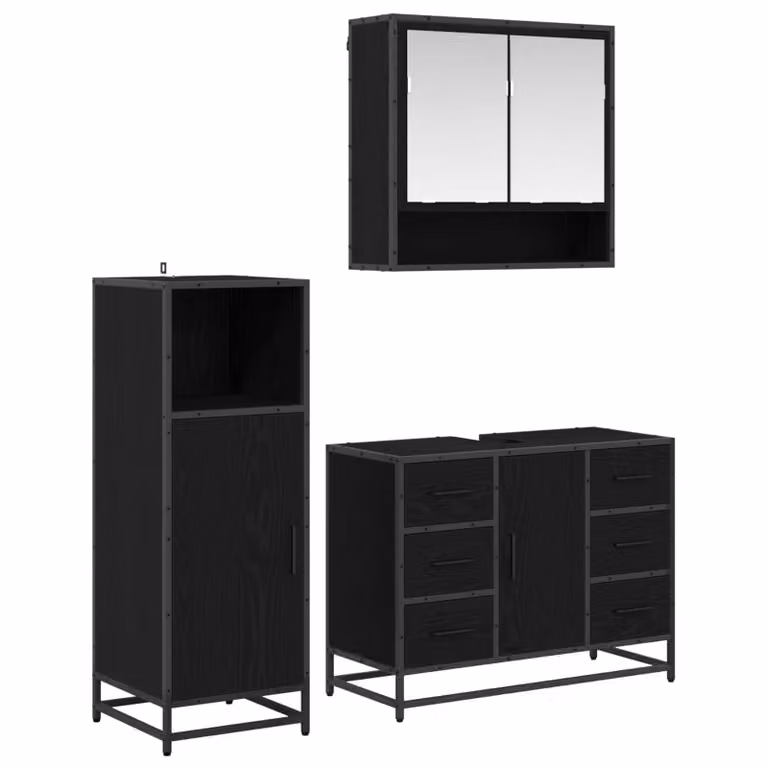 Set di mobili per il bagno vidaXL 3 pezzi in legno e metallo nero opaco L 80 cm x P 33 cm x H 60 cm
