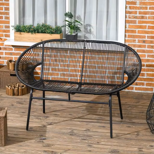 Panca da giardino a 2 posti OKWISH in rattan e metallo nero con schienale alto e braccioli L: 132 cm, P: 72 cm, H: 83 cm