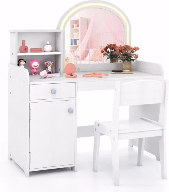 Set tavolo da trucco per bambini con sedia mensole cassetto e anta, Toeletta da trucco in legno con luci LED Bianco