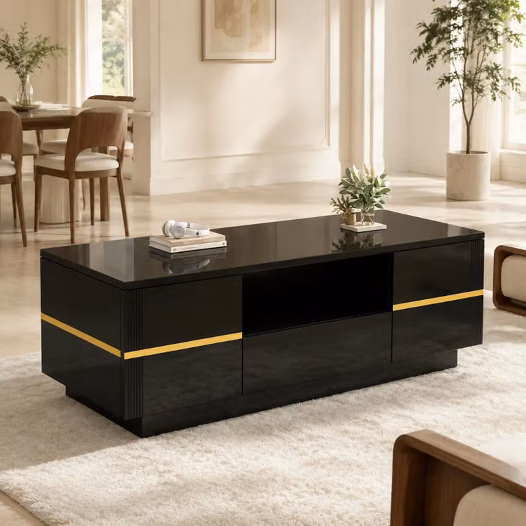 Tavolino moderno con finitura lucida e illuminazione LED, dotato di 2 ante, ideale per il soggiorno, con spazio contenitivo e dettagli dorati, colore nero