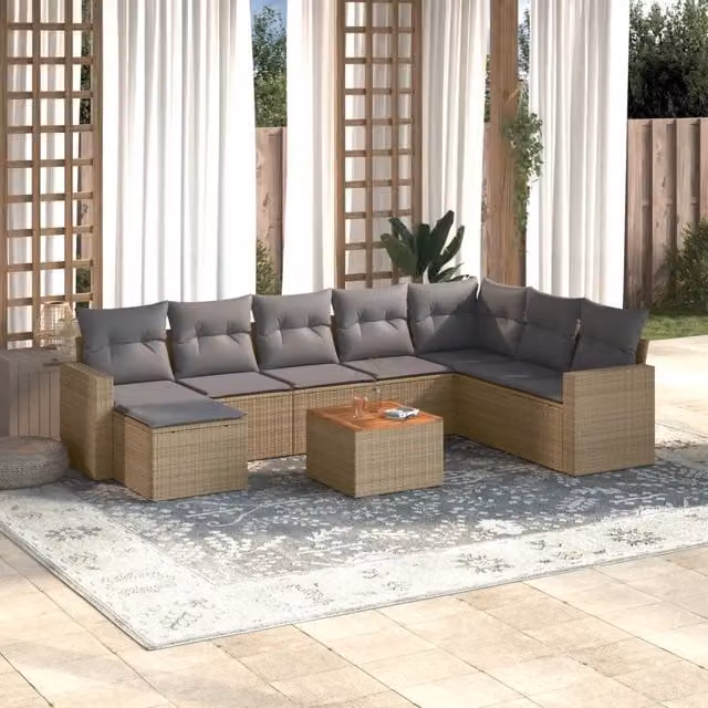 vidaXL Set Divano da Giardino 9 pz in Polyrattan con Cuscini Beige e Grigio