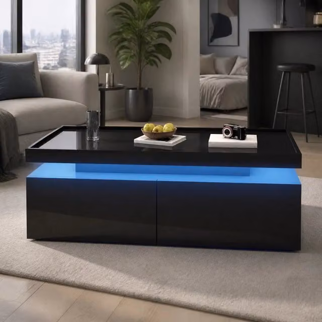 Tavolino da caffè nero lucido con LED, 2 cassetti e ripiano, 95×45×35 cm