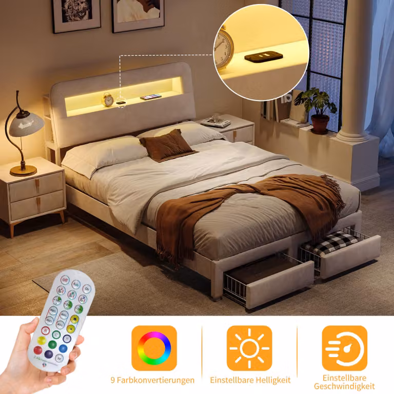 Letto imbottito ProximaX 160x200 cm con illuminazione LED, connessione USB e 2 cassetti, letto contenitore, beige