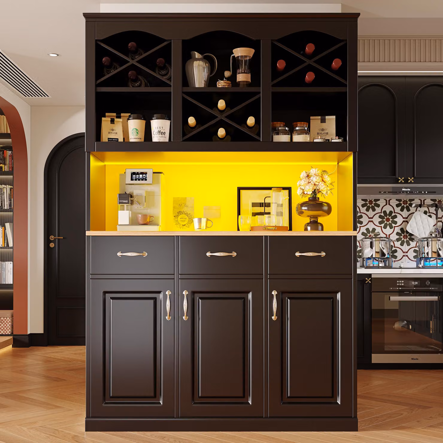Flieks, colonna da cucina con led, mobile buffet da cucina con cassetti e vani a giorno, 120x40x180 cm, nero