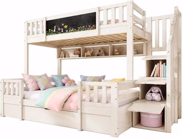 Letto a castello 90/140x200 cm per 3 persone in legno massello e MDF; bianco