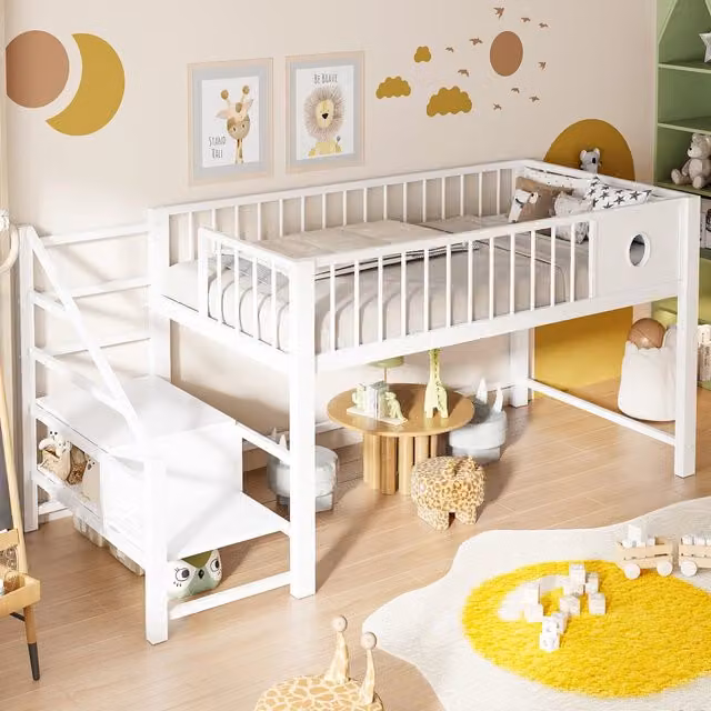 Letto a soppalco singolo Mivray bianco con scala contenitore in MDF e metallo per cameretta L/P/H: 200 x 90 x 241,5 cm