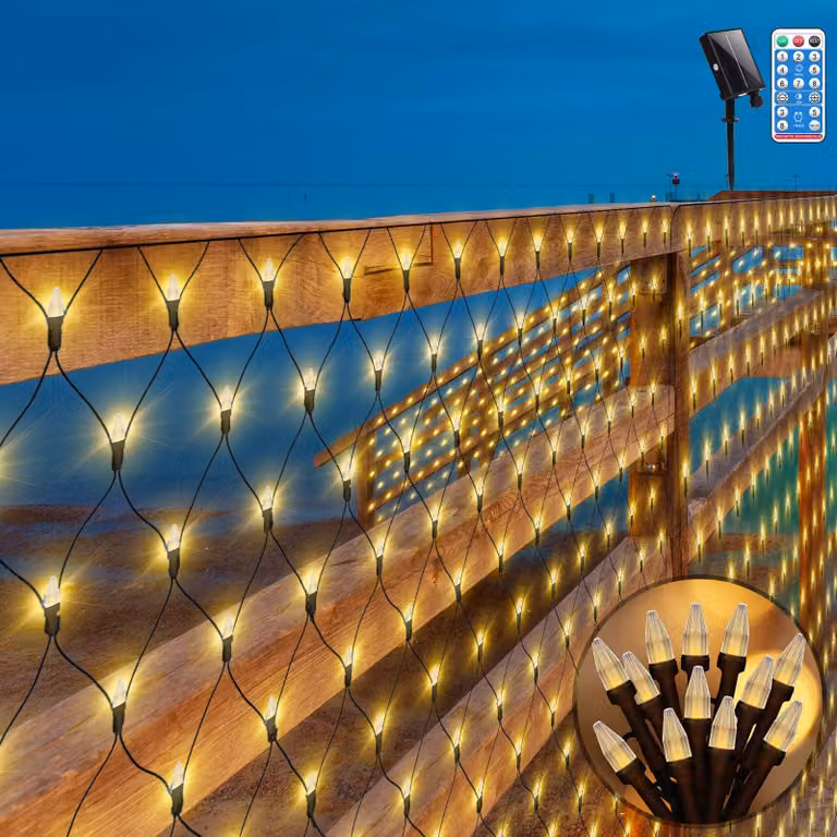 Catena luminosa, dimensioni 3x2 metri, 200 LED, alimentazione solare, luce bianca calda, con telecomando