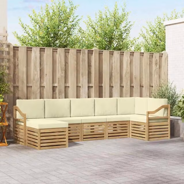Set di divani da esterno vidaXL a forma di L composto da 7 pezzi in legno di acacia con cuscini in bianco e beige – 1