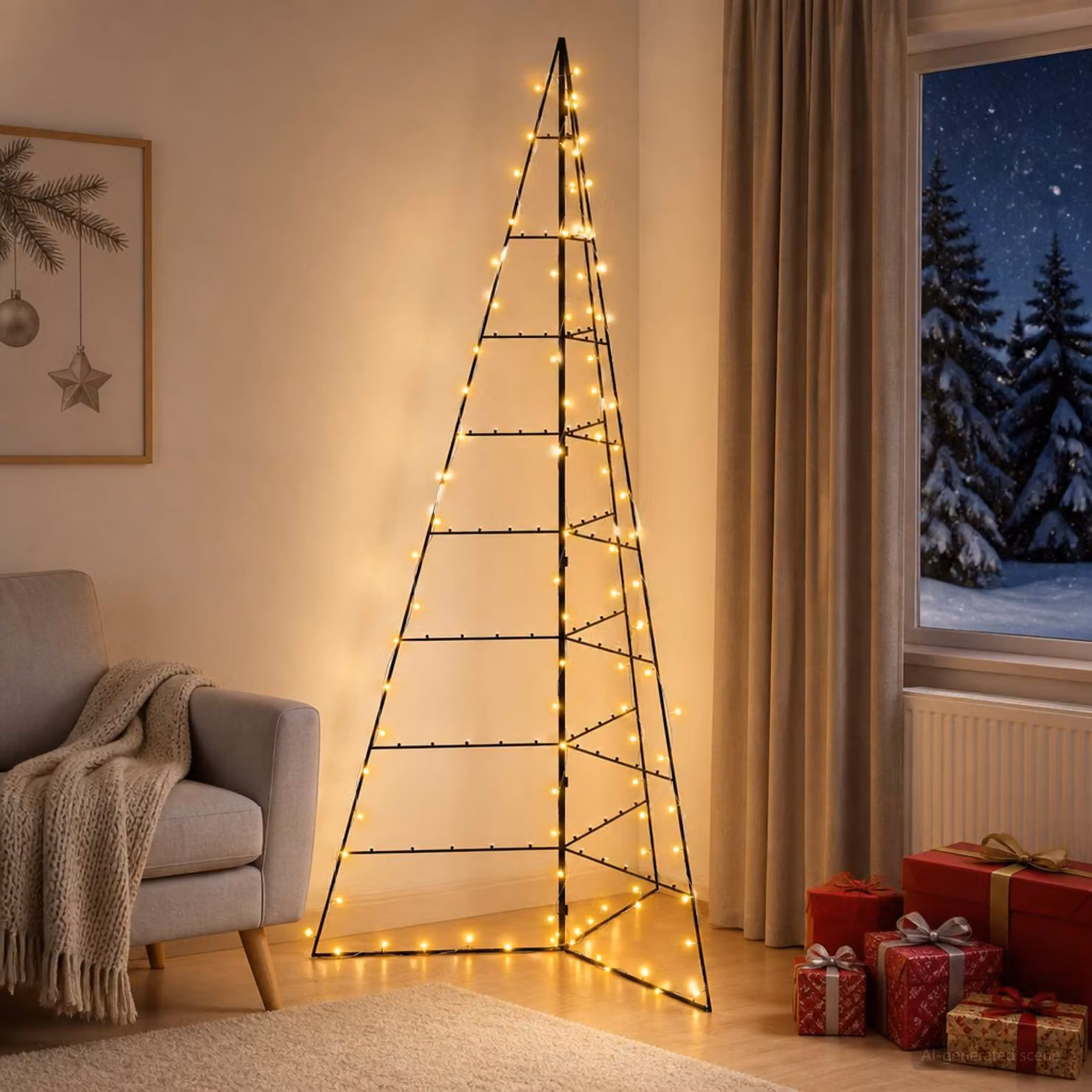 Albero di Natale moderno vidaXL KUOPIO in metallo nero con luci LED bianco caldo