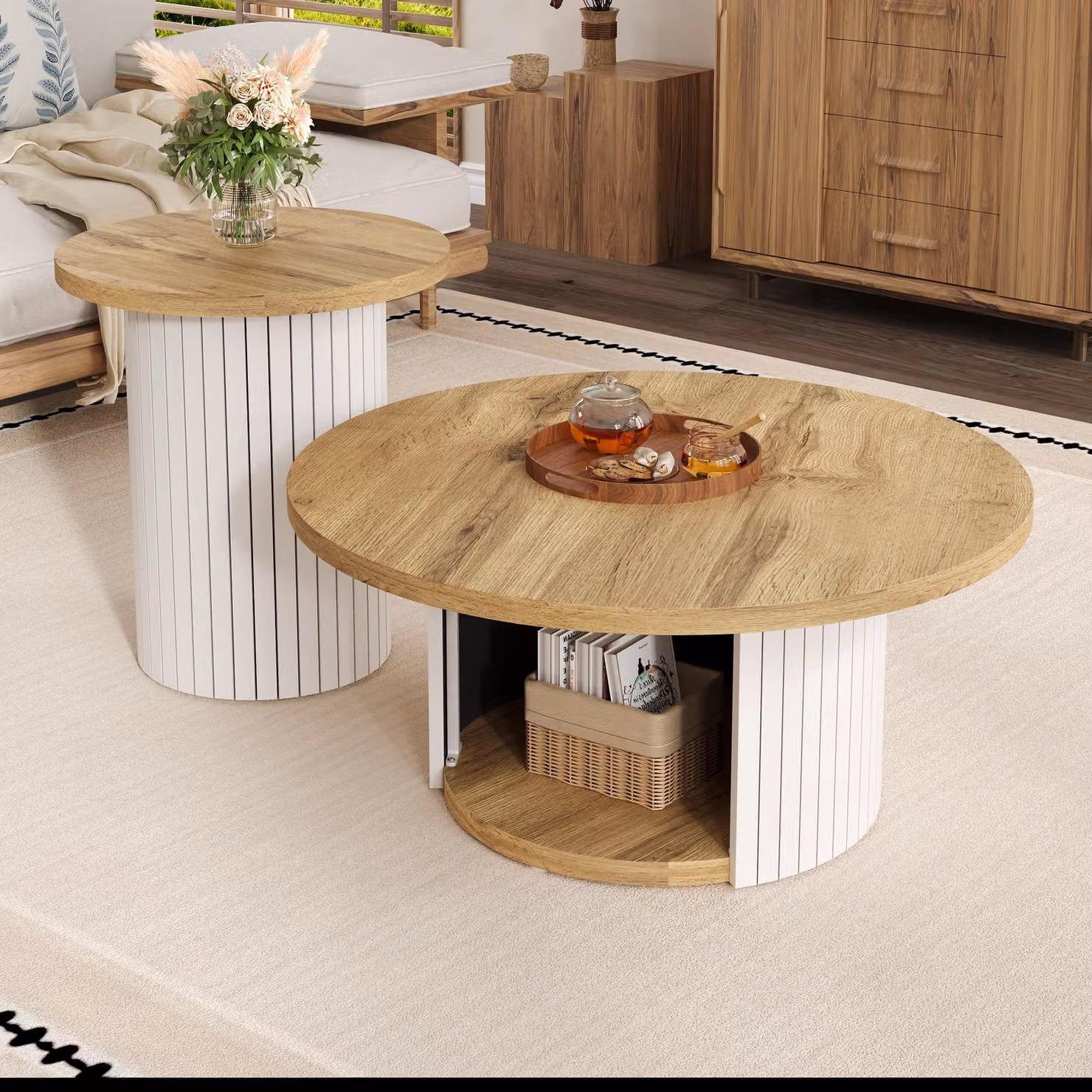 set di tavolini da caffè okwish tavolino con un tavolino principale e uno laterale, tavolino da divano con vani portaoggetti e doghe in legno naturale, bianco+natura