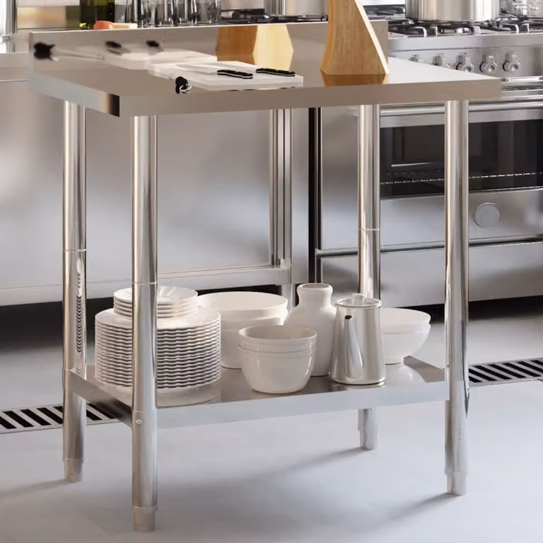 vidaXL Tavolo da lavoro per cucina in acciaio inox color argento L: 82,5 cm, P: 55 cm, H: 93 cm