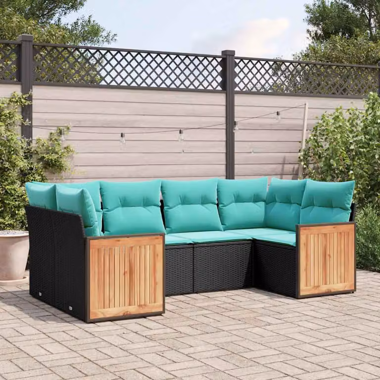 Set di divani da giardino vidaXL in polyrattan nero con cuscini imbottiti e struttura in metallo per 6 persone