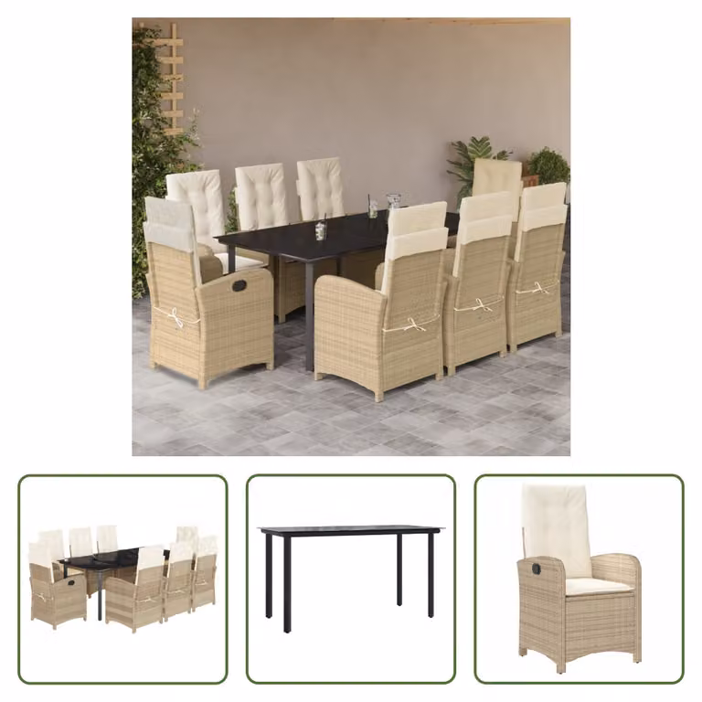 The Living Store Set da pranzo da giardino 9 pezzi con cuscini Beige poly rattan