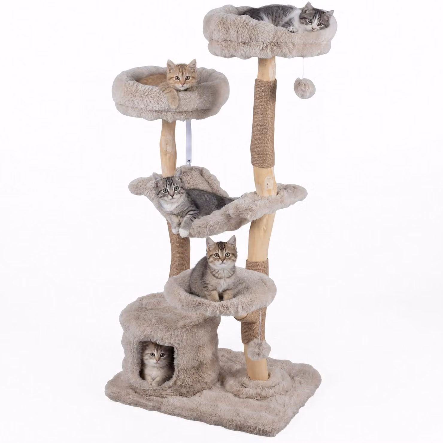 KOMFOTTEU, albero per gatti da 147 cm, con amaca, cuccia e 3 piattaforme. Tiragraffi per gatti in peluche e legno massello, struttura a più livelli con colonne per graffiare e 2 palline in peluche per gatti