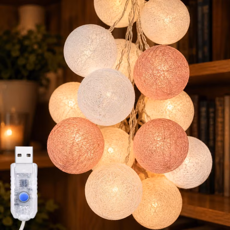 Catena luminosa USB con palline di cotone, lunghezza 3 metri, 20 LED, timer, luce bianco caldo