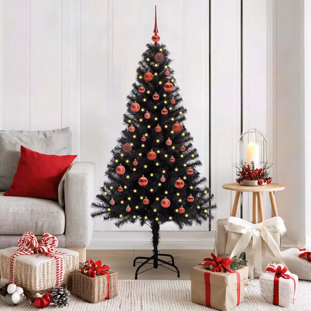 Albero di Natale moderno vidaXL nero con luci LED bianco caldo in PVC, Altezza: 150 cm