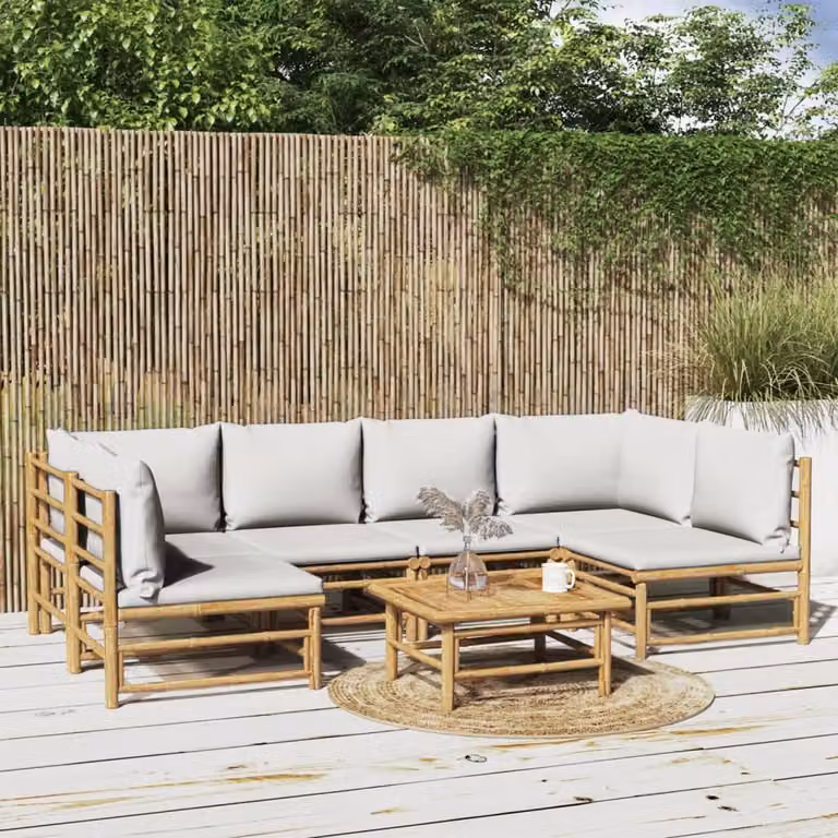 Set Salotto da Giardino vidaXL 7 Pezzi in Legno di Bambù con Cuscini Grigio Chiaro e Marrone