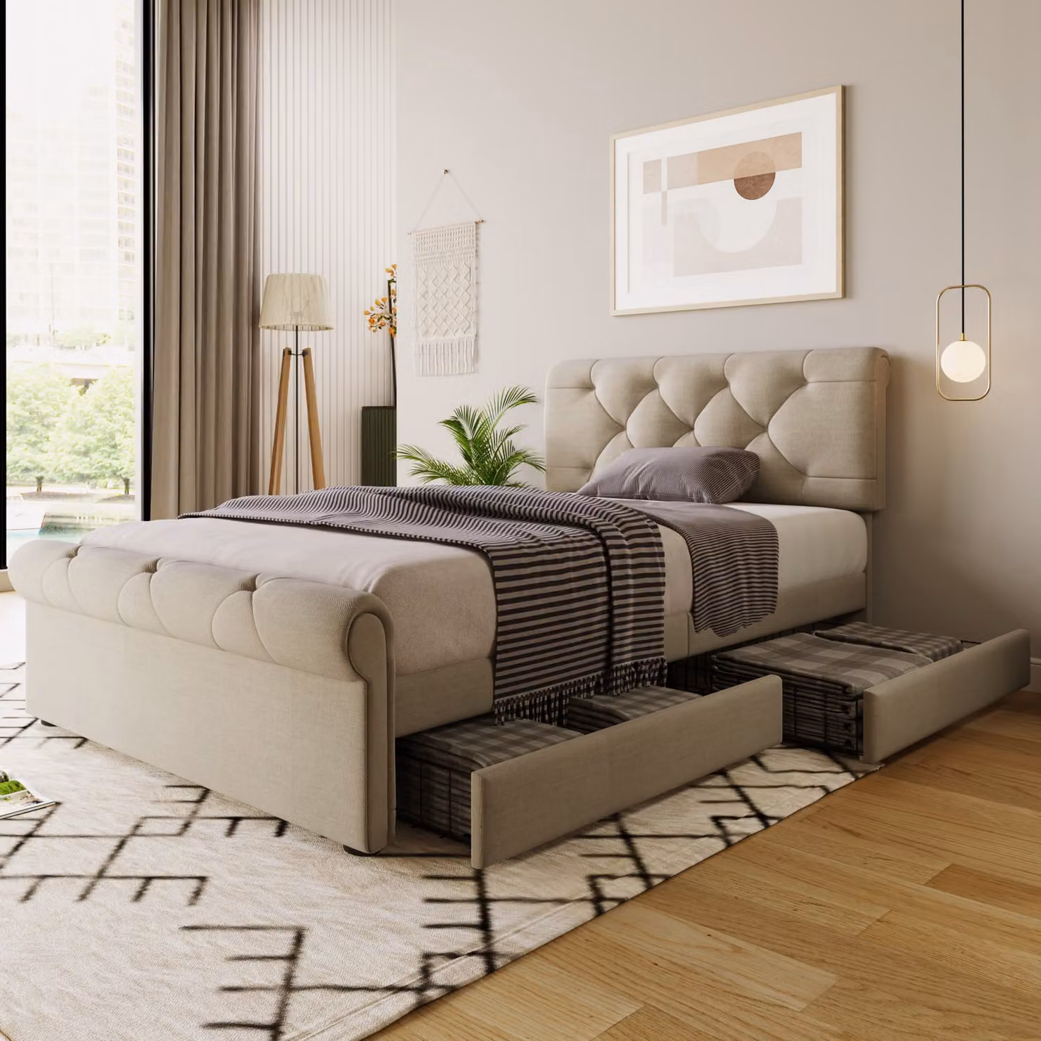 Letto imbottito STILVORA, 140x200 cm, letto per bambini con 4 cassetti, letto matrimoniale con poggiatesta regolabile in altezza, con motivo a bottoni, modello "Natur" (con materasso)