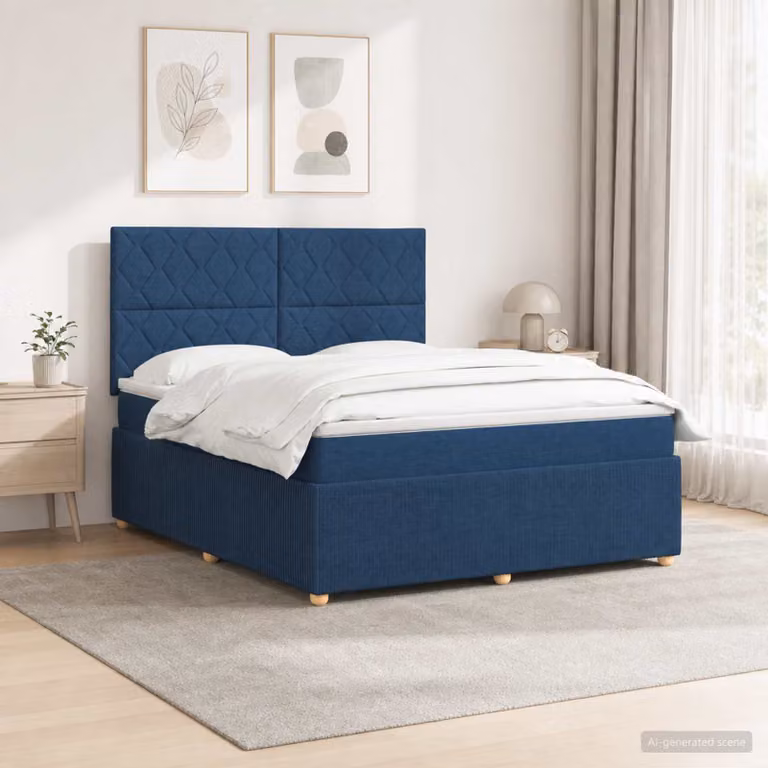 Letto Box Spring vidaXL con Materasso Ibrido e Illuminazione LED, Blu e Bianco, L/P: 160 x 200 cm