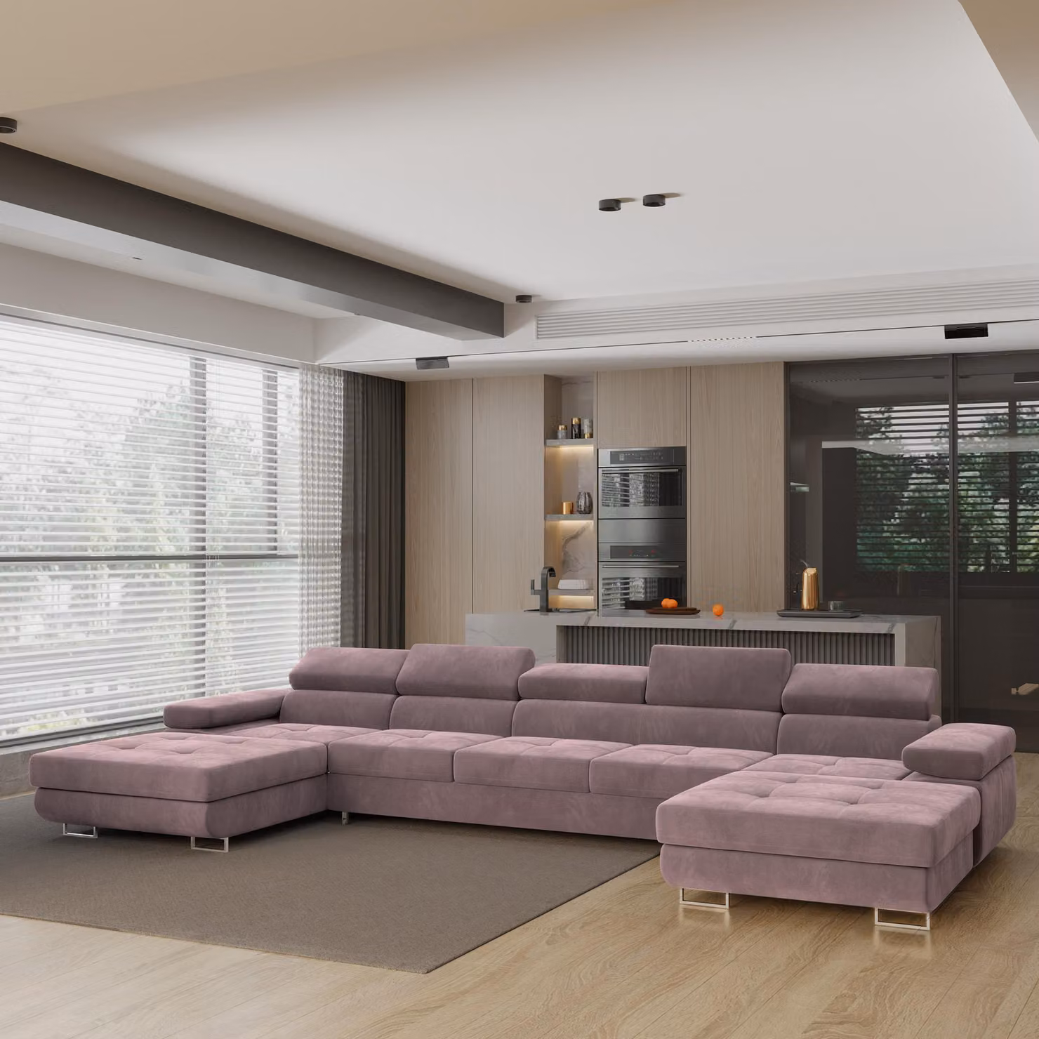 Divano angolare OMBRA di Masseno con funzione letto a U, divano con box letto, divano da salotto, divano, divano letto, set di divani - viola, MONOLITH 62
