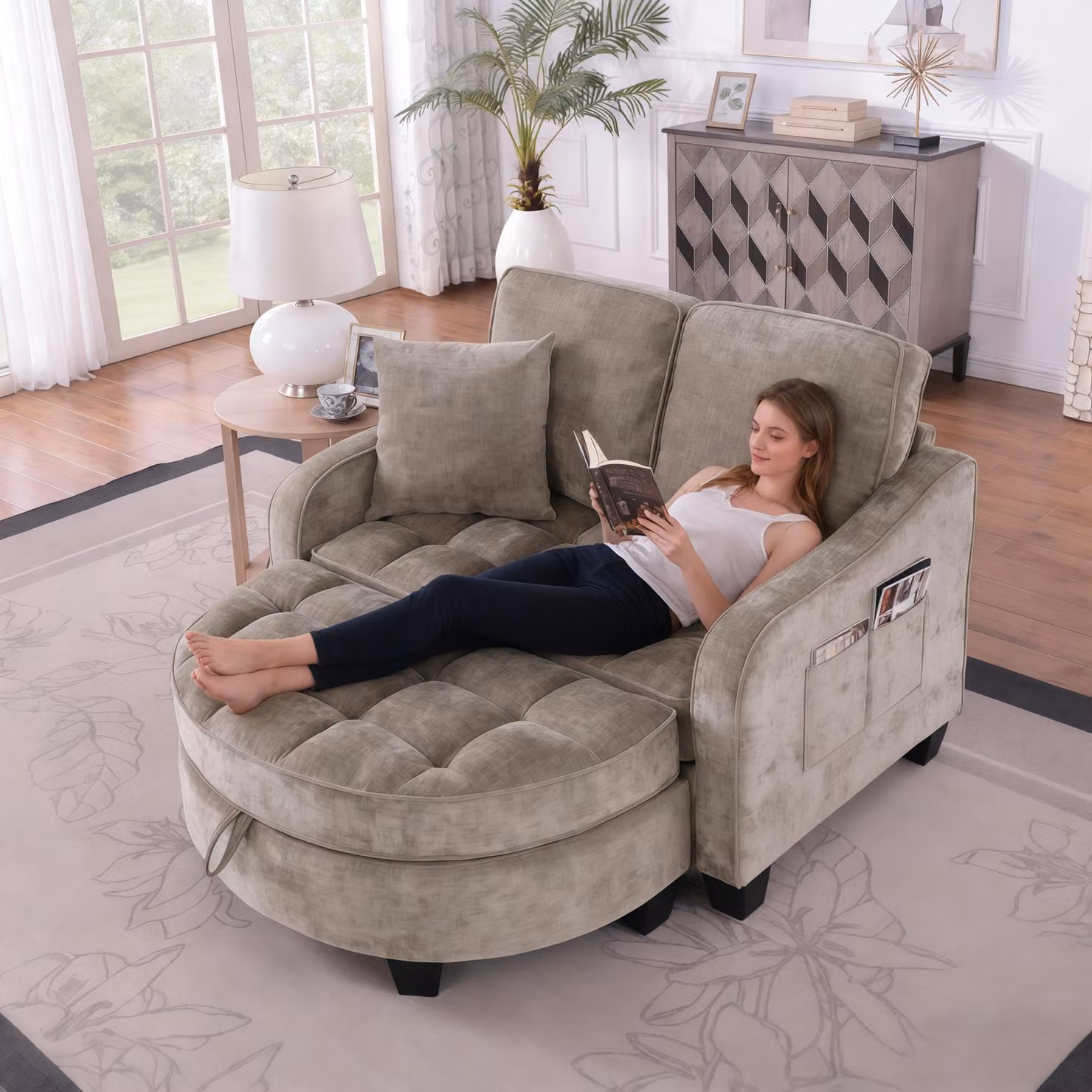 MODFU Divano letto multifunzionale con sgabello portaoggetti, divano relax con gambe in plastica antiscivolo, marrone
