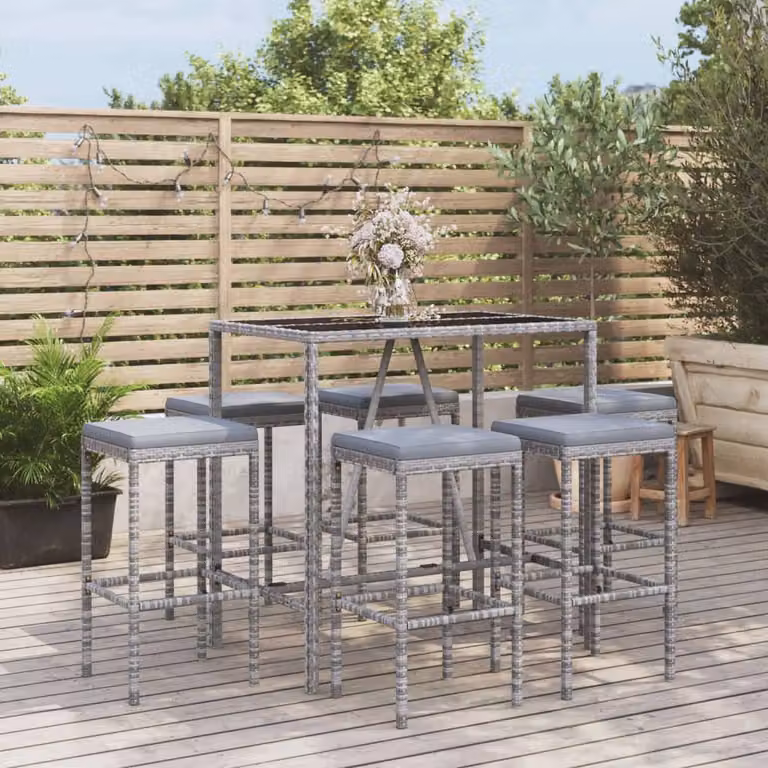 Set Bar da Giardino vidaXL in Polyrattan Grigio e Nero con 7 Pezzi e Cuscini