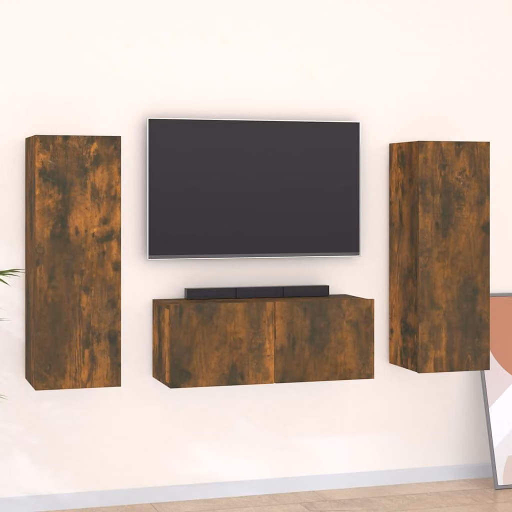 Set Mobili Porta TV 3 Pezzi vidaXL in Legno Rovere Fumo e MDF per Soggiorno Moderno, Montaggio a Parete