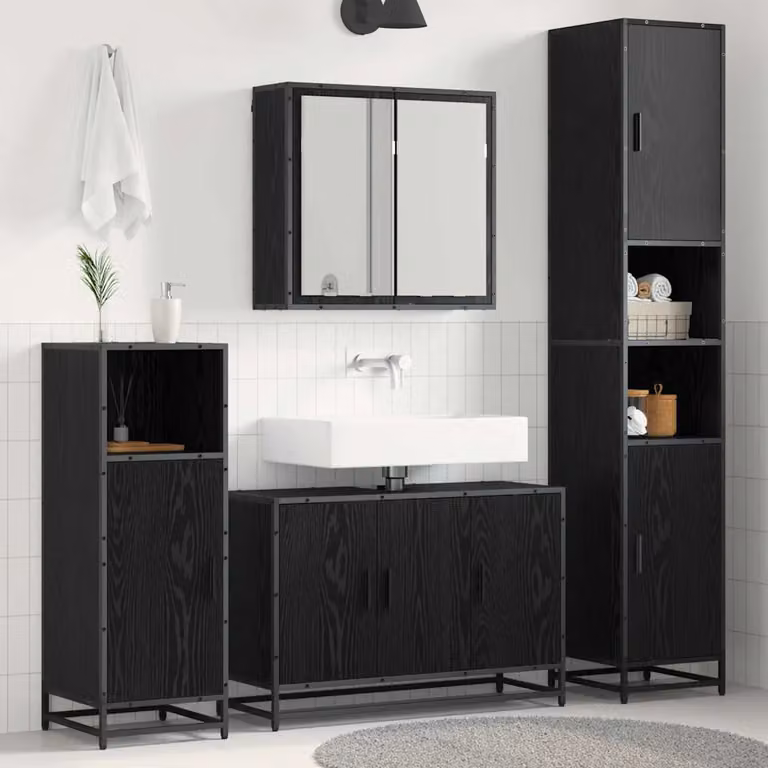 Set di mobili per il bagno moderno vidaXL 3 pezzi in rovere e nero con armadietto a specchio, mobile lavabo e mobiletto laterale