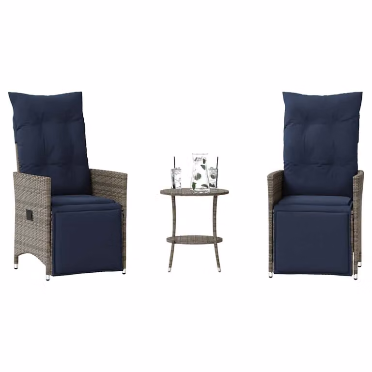 Set da Bistrot vidaXL in Polyrattan Grigio con Cuscini Blu per Giardino e Balcone