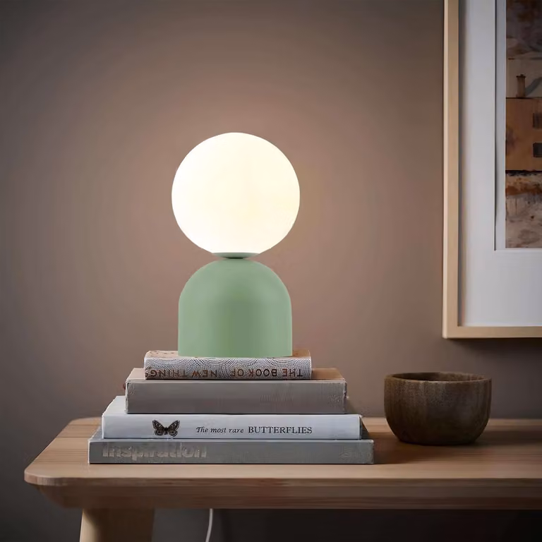 Opviq, lampada da tavolo moderna, colore verde menta, corpo in metallo, attacco E27, dimensioni 15x15x28 cm, grado di protezione IP20