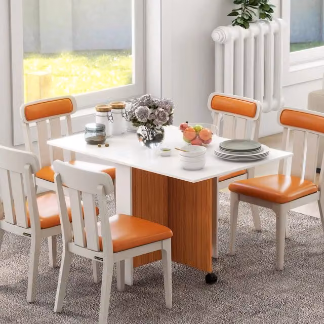 Tavolo da pranzo pieghevole WISHDOR con ruote e piano apribile, bianco e rovere, L: 120 cm