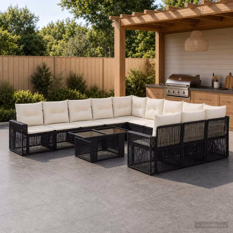 Set Divano da Giardino Moderno vidaXL in Polyrattan, 12 Pezzi, Nero e Bianco Crema