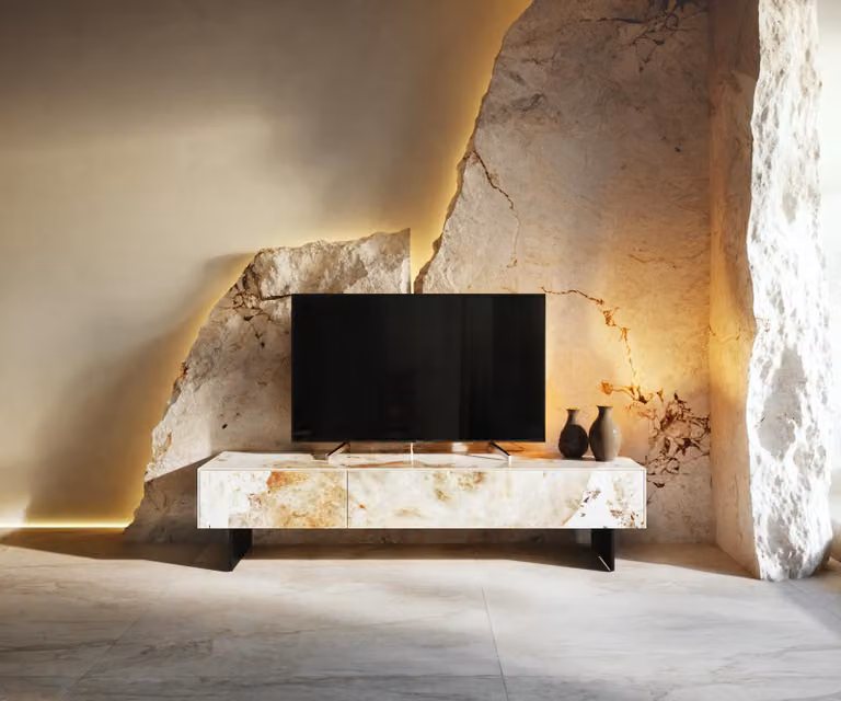 DELIFE Mobile TV a basso profilo "Cuor", 150 cm, piano in Vetroceramica "Minas Melange", bianco-beige, 1 sportello, 1 cassetto, piedi che creano un effetto sospeso, struttura in metallo nero