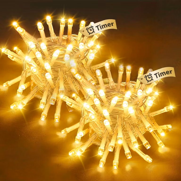 Catena luminosa da 5 metri, con 50 LED, luce bianco caldo, timer integrato, confezione da 2 pezzi
