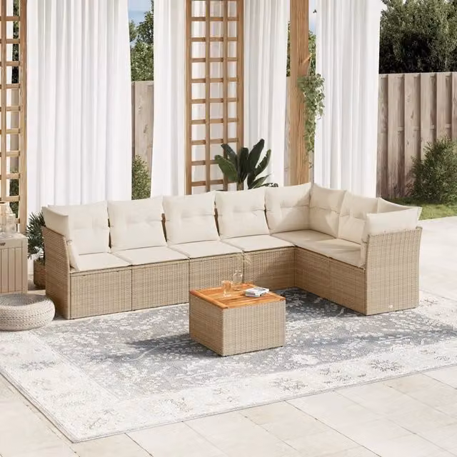 vidaXL Set Divano da Giardino a L 8 pz con Cuscini Beige e Tavolino da Caffè in Polyrattan e Acciaio