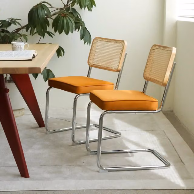 Set di 2 sedie da pranzo impilabili OKWISH in velluto arancione e rattan con struttura in metallo in stile moderno