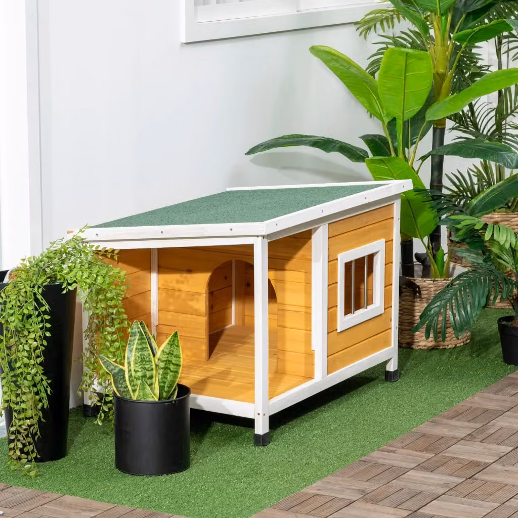 Casetta da giardino OKWISH in legno arancione con veranda coperta, tetto apribile, finestra e piedi regolabili, L: 85,5 cm, P: 62 cm, H: 60 cm – 2