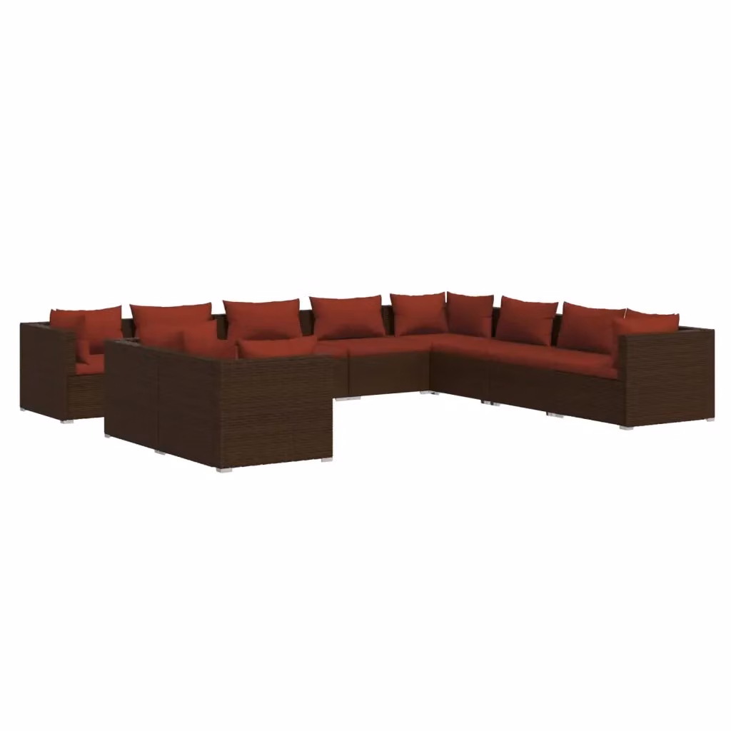Set di Divani da Giardino a L vidaXL con Cuscini Marroni e Rossi in Polyrattan e Metallo – 2