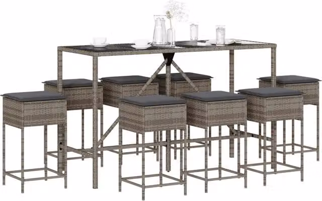Set Bar da Giardino 9 pz con Cuscini in Polyrattan Grigio 3261475