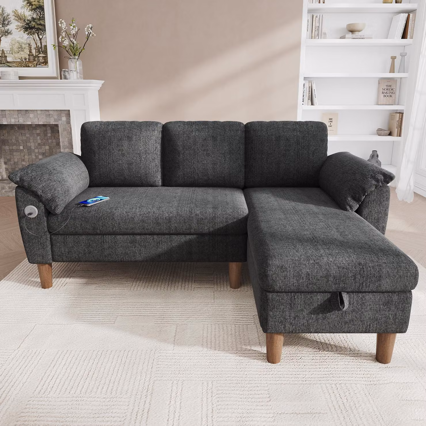 Divano angolare a forma di L, 3 posti, chaise longue con spazio contenitore, porte USB/Type-C, tasca laterale, tessuto in chenille (GRIGIO SCURO)