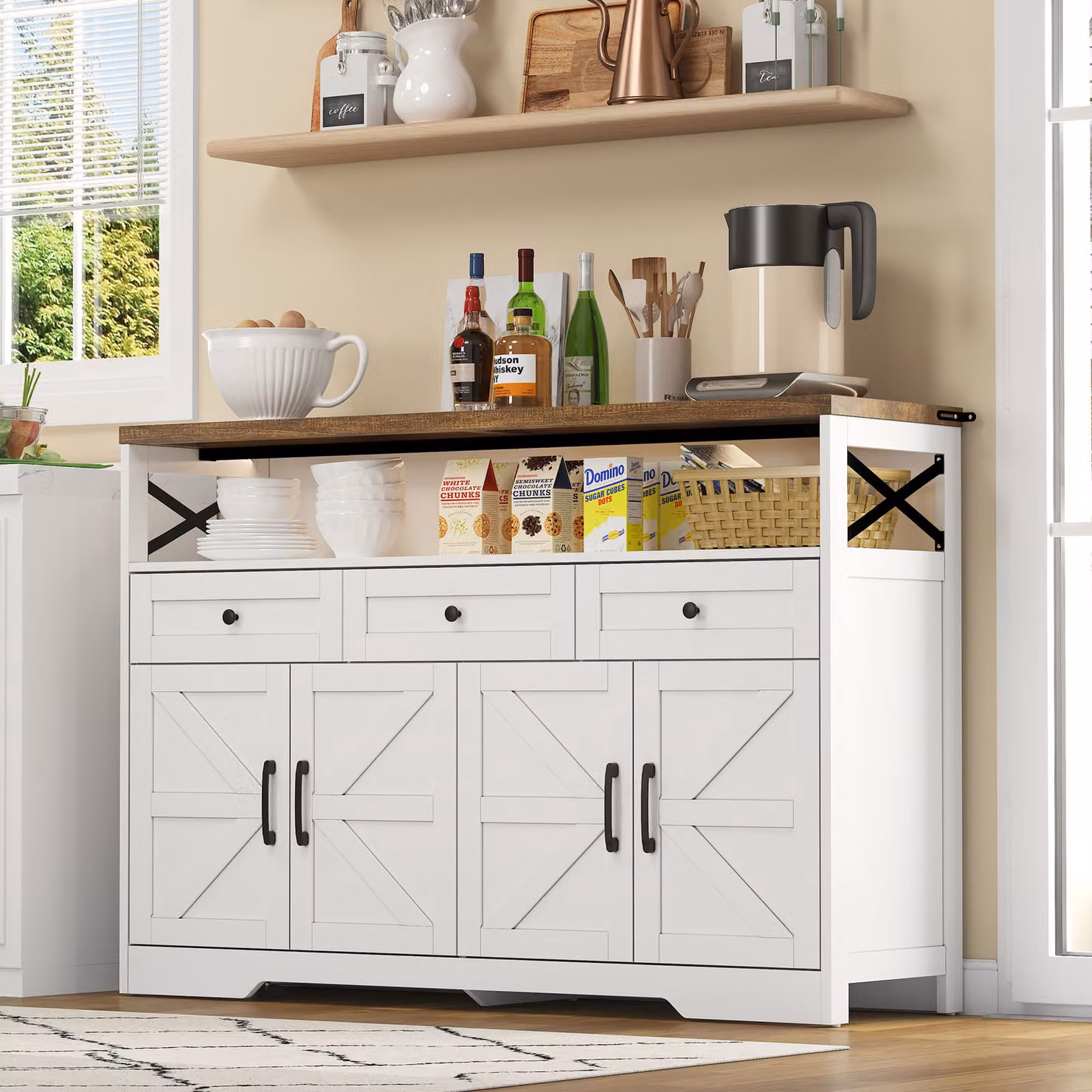 MODFU Credenza, cassettiera, mobili da cucina con 3 cassetti, consolle in stile rustico con ante, isola da cucina con ripiani, bianco+marrone