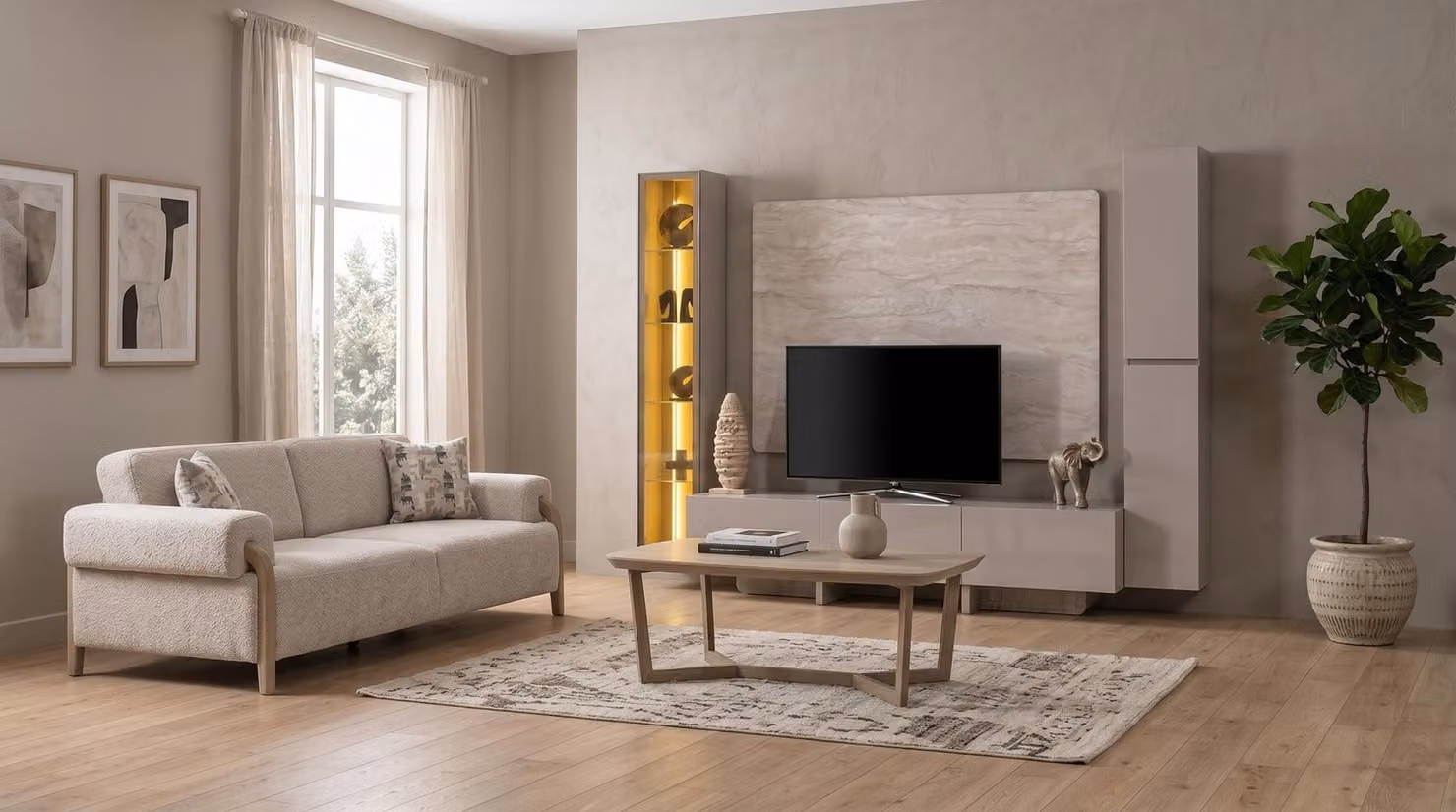 Set moderno per soggiorno con parete TV, tavolino e divano beige a tre posti, di alta qualità