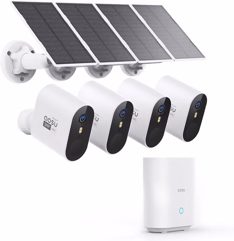 Telecamera di sicurezza esterna wireless, alimentata a batteria e con pannello solare, set di 4 telecamere per sistema di videosorveglianza, registrazione locale da 32 GB, rilevamento del movimento