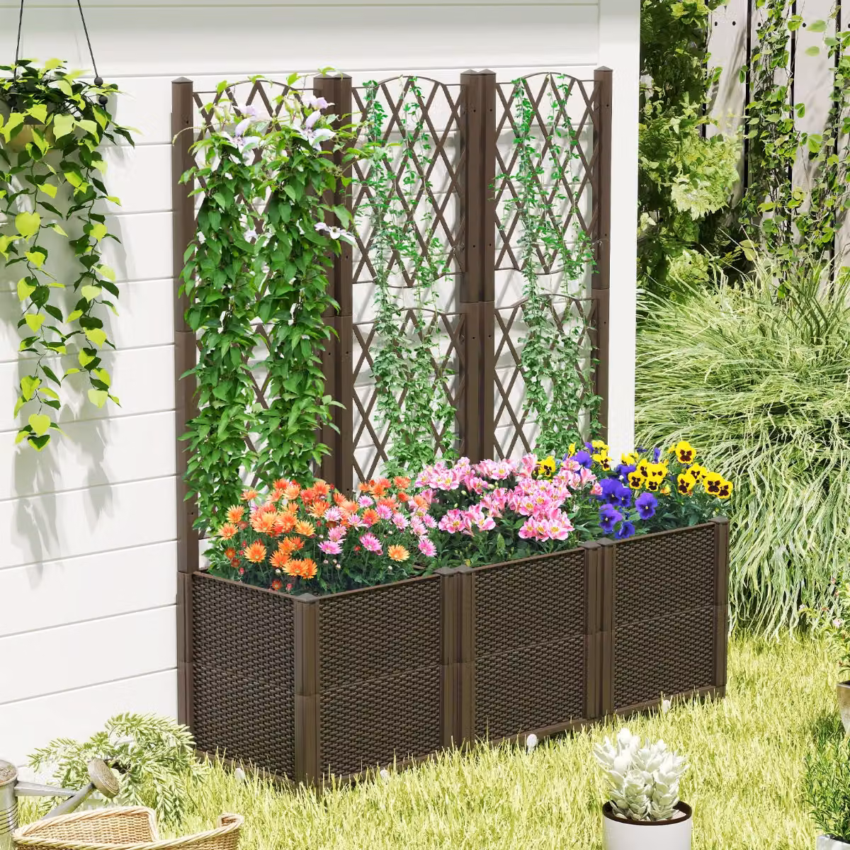 Letto da giardino rialzato con traliccio Costway in legno marrone, ideale per fiori e verdure, L: 140 cm, P: 40 cm, H: 40 cm