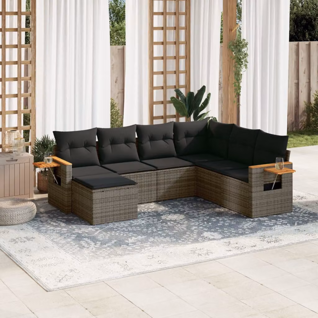 vidaXL Set Divani da Giardino a L 7 pz in Polyrattan Grigio con Cuscini e Coperture Rimovibili – 1