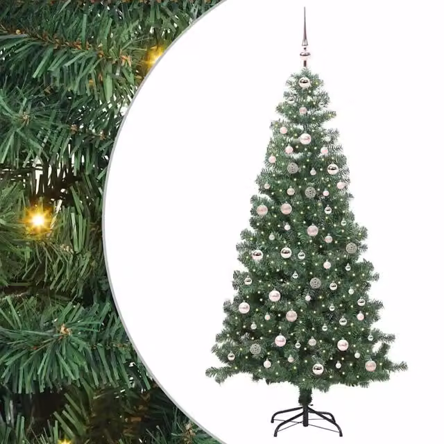 Albero di Natale moderno in PVC verde con 300 LED luce bianca calda e supporto, Altezza: 240 cm – 1